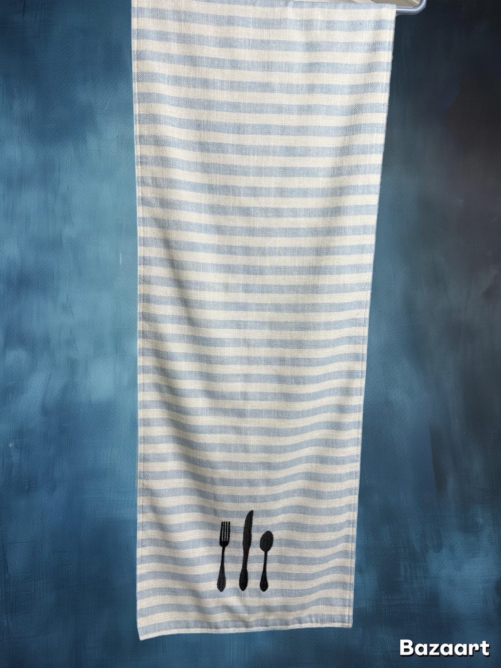 Coastal Striped Blue and White table runner with Cutlery Motif rodeo home